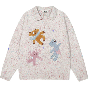 明星同款GUUKA潮牌星星纽扣V领针织衫女冬季加厚刺绣毛衣绵羊毛衫