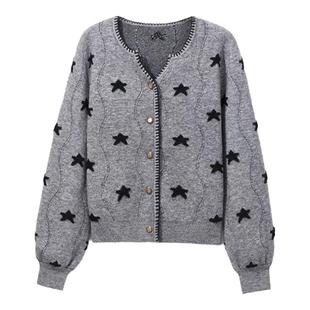 灰色星星针织开衫女2025春季新款长袖女星星毛衣v领早春上衣外套