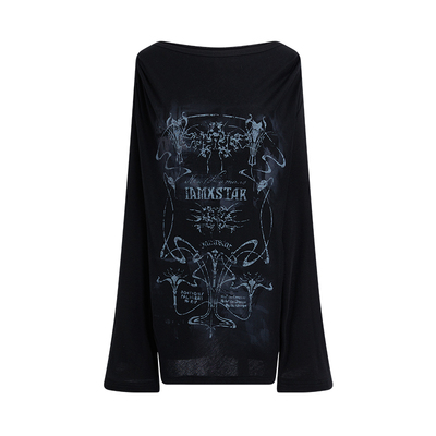 一字领印花罩衫女长袖宽松T恤