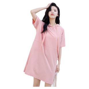 粉色连衣裙夏季女装2022新款韩版甜美可爱简约短袖连帽套头卫衣裙