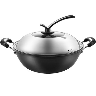 双耳铸铁炒锅平底电磁炉煤气灶家用炒菜锅炖锅无涂层不粘锅生铁锅