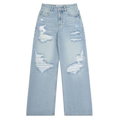 CalledBack破洞直筒牛仔裤