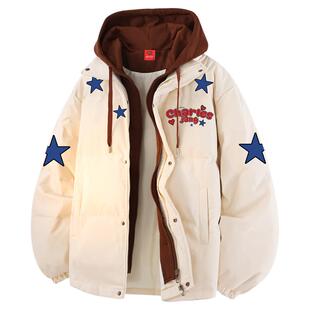 查尔斯桃心假两件连帽羽绒服男85鸭绒冬季星星印花加绒保暖外套