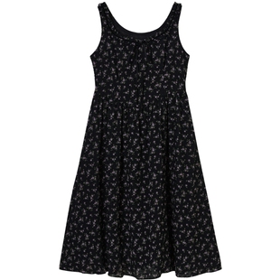 乐町黑色碎花吊带背心裙年秋季新款打底裙复古风时髦叠穿长裙