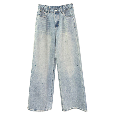 N货！烫钻中高腰牛仔阔腿裤