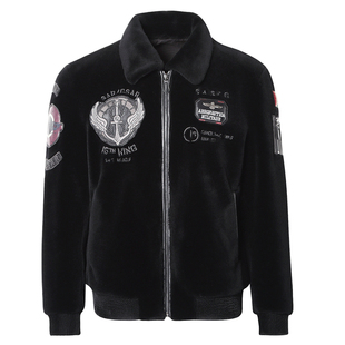 海宁真皮皮衣男短款刺绣羊剪绒皮毛一体男机车皮草外套2023新款潮