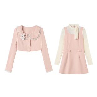 织物猪 月光少女 精致千金感套装女秋冬粉色连衣裙呢子短款外套