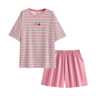 家乐芬睡衣女士夏季夏天莫代尔短袖短裤时尚条纹多巴胺家居服套装