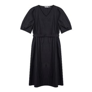 布景连衣裙女夏季新品时尚V领泡泡袖刺绣腰带收腰过膝中长裙0523