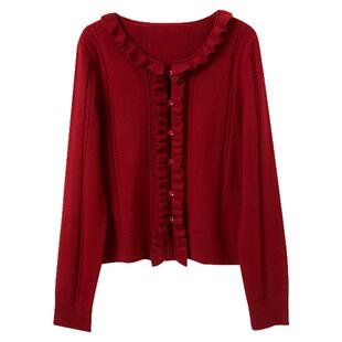 三彩2025冬季新款红色针织衫木耳边圆领毛衫开衫外套长袖显瘦M