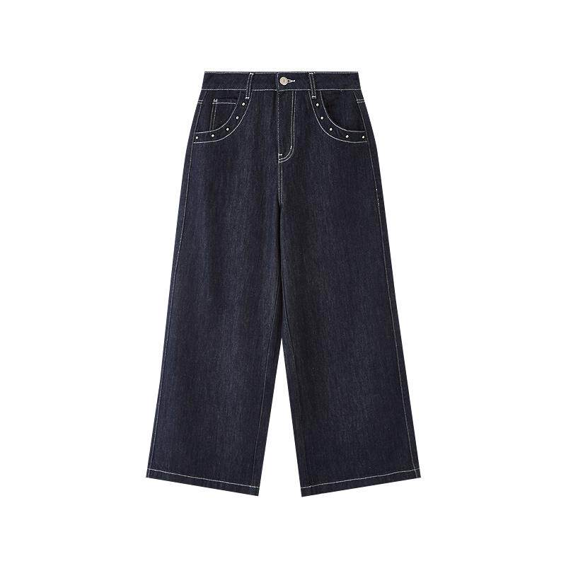 三福直筒牛仔裤2026新款春季复古铆钉装饰宽松阔腿蓝色长裤子女装