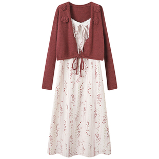 慕兔法式复古碎花吊带连衣裙女2026春季新款外搭针织开衫两件套装