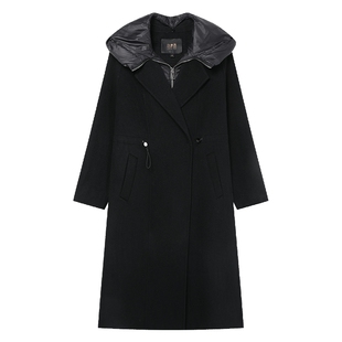 白鹿语可拆卸连帽假两件羽绒外套秋冬新款全羊毛女式双面呢大衣