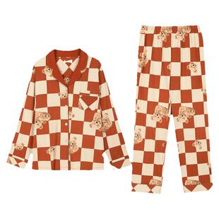 秋鹿长袖情侣睡衣春秋款格子印花针织纯棉休闲时尚家居服春天套装