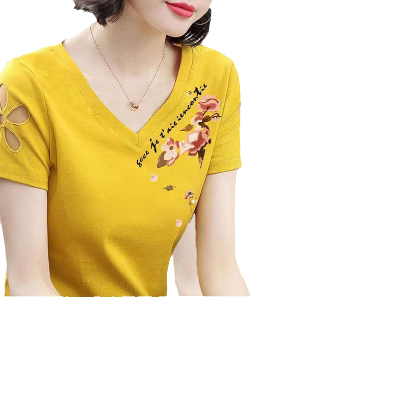 纯棉 打底衫女内搭夏修身短袖印花t恤女装洋气百搭上衣