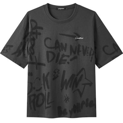 gxg.jeans男装  深灰色涂鸦字母满印时尚圆领短袖T恤男 25夏新品