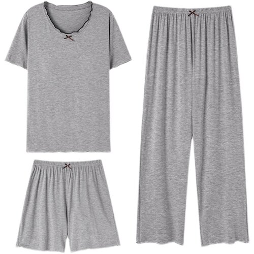 莫代尔睡衣女夏季带胸垫短袖短裤长裤套装宽松简约纯色家居服薄款