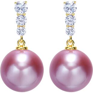 黛米珠宝 涵雪 11-12mm正圆紫色淡水珍珠耳钉S925银大耳环女耳饰