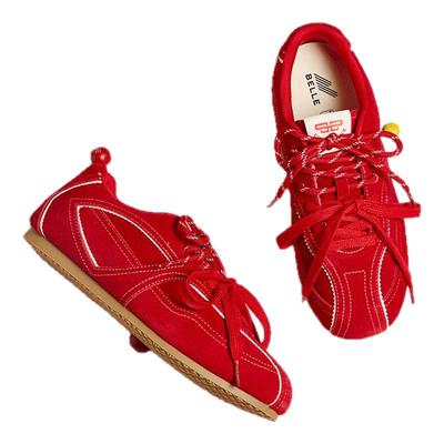 周雨彤同款百丽女鞋跳跳糖红色芭蕾德训鞋加绒休闲棉鞋B2432CM5