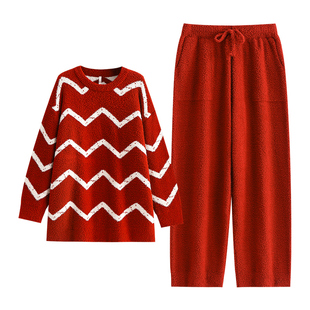 悦内半边绒睡衣女款冬季冬天红色本命年新年珊瑚绒保暖宽松家居服