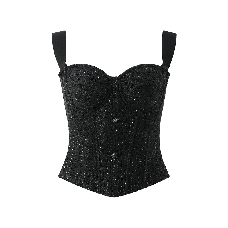CORSELET 秋冬流光银鳞黑束腰抹胸气质亮纱点缀粗花呢鱼骨胸衣