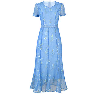 清仓【仙姿玉色】网纱刺绣淑女连衣裙气质修身收腰鱼尾优雅v领