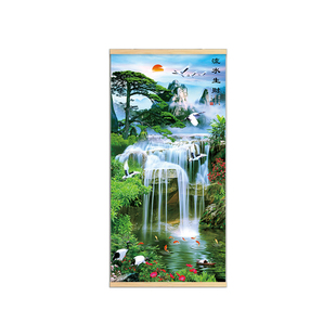 玄关装饰画中式挂画客厅茶室竖版山水画背景墙壁贴画免打孔卷轴画