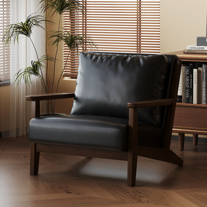 中古风单人沙发复古油蜡皮咖啡厅商务小沙发酒店民宿实木沙发椅子