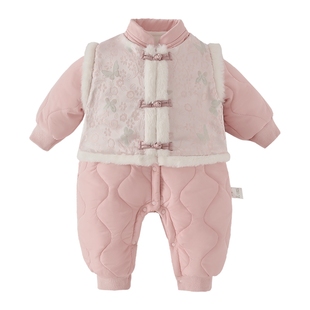 婴儿夹棉连体衣新生幼儿中式加绒新款爬服女婴童冬装宝宝棉服哈衣