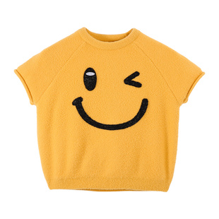 BarryBanny女童笑脸针织衫2026春季新款儿童圆领短袖时髦洋气上衣