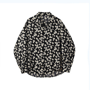 春夏洋气小雏菊印花长袖衬衫男韩版ins垂感薄慵懒风休闲痞帅衬衣