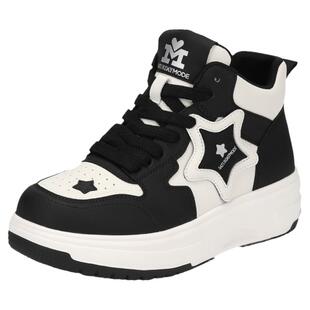 星期六鞋子潮流女厚底休闲爆款板鞋春秋季新款星星黑白圆头高帮鞋