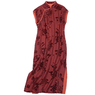 真丝烂花绡香云纱唐装女连衣裙文艺复古改良宽松中式立领旗袍裙女