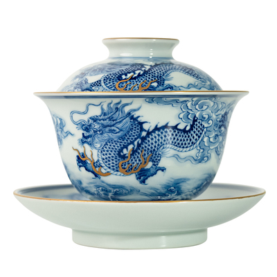 青花海水双龙赤壁图三才盖碗