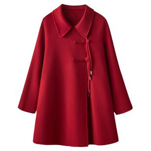 秋冬新款中国风双面羊绒呢子大衣女中长款娃娃领气质羊毛外套