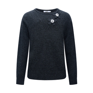 LILY2026春新款女装含羊毛一字肩上衣撞色宽松慵懒套头针织衫毛衣