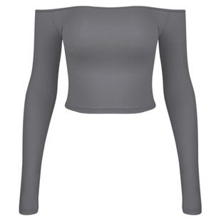 夏瑜伽服女高弹透气运动T恤长袖健身上衣一字领路肩性感高弹透气