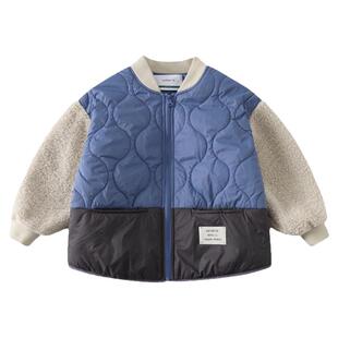 植木童装撞色拼接仿羊羔绒绗棉男童女童棉服2025秋冬新儿童厚外套