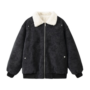 悟空有货美式复古巴恩风PU皮毛领棉服男冬季潮牌情侣保暖加厚棉衣