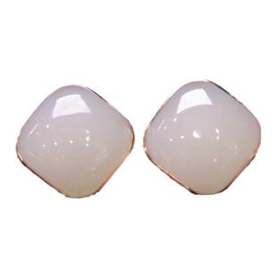 暑假礼品和田玉方形耳钉女 藕粉白玉镶嵌18k金耳勾高级感耳环简约