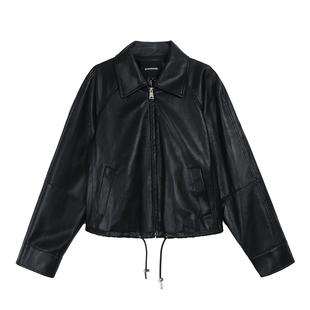 pusumede【现货6.5折】复古PU皮衣外套女设计感抽绳翻领短款夹克
