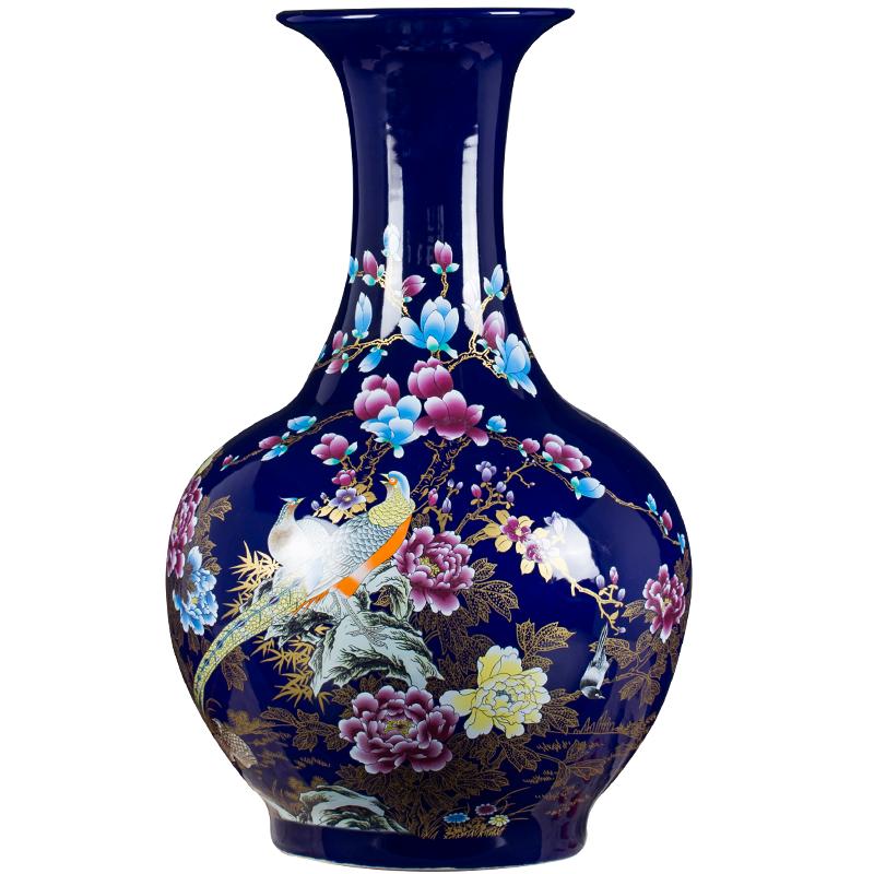 景德镇陶瓷复古新中式宝蓝锦鸡摆件客厅落地大花瓶瓷器插花大号器