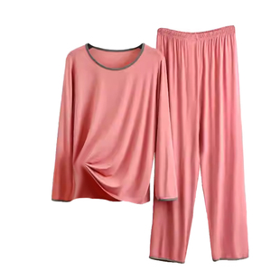 莫代尔睡衣女春秋大码宽松可外穿显瘦家居服圆领纯色胖mm长袖套装