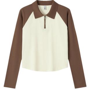 森马POLO衫女短款拼色插肩袖修身上衣小个子复古秋显瘦套头衫时尚