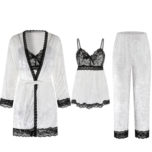 金丝绒睡衣女春秋款长袖性感纯欲风带胸垫冬季吊带家居服三件套装