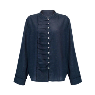 Bettychow 花色亚麻贝壳扣中式衬衫打底衫白色蓝色