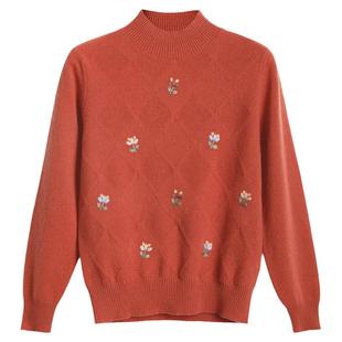 米皇秋冬新款半高领套头羊绒衫女休闲通勤绣花纯羊绒针织毛衣