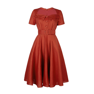 【断码清仓】Ching's 复古赫本方领收腰连衣裙 高腰气质修身棉麻