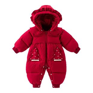 婴幼儿连体羽绒服宝宝加厚外出外套红色国风拜年服喜庆百日爬爬服