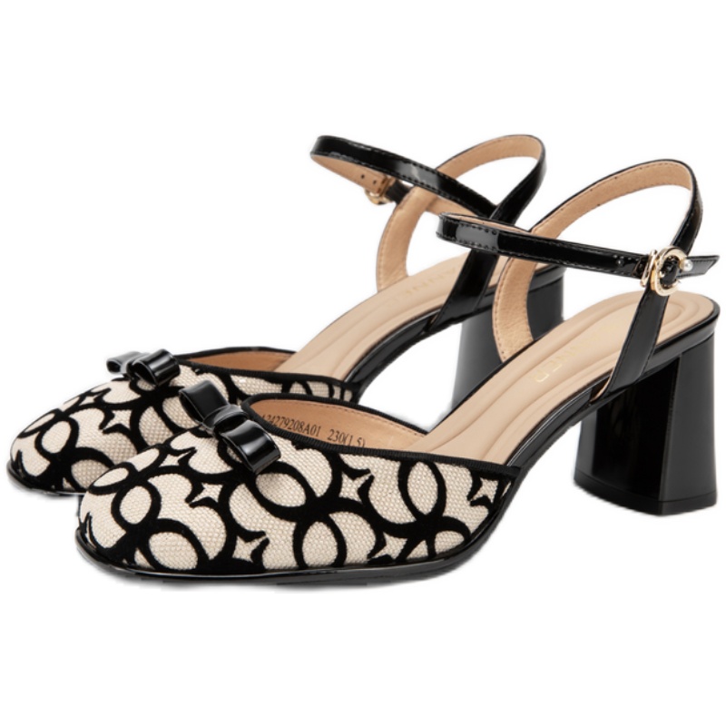 千百度圆头粗跟包头凉鞋女春秋百搭气质优雅后空绝美时装凉鞋